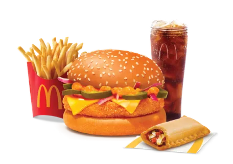 Corn & Cheese Burger + Coke + Fries (M) + Veg Pizza McPuff Corn & Cheese Burger + Coke + Fries (M) + Veg Pizza McPuff