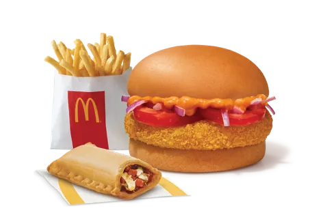 McAloo Tikki Burger + Veg Pizza McPuff + Fries (R) McAloo Tikki Burger + Veg Pizza McPuff + Fries (R)