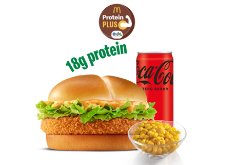 Crispy Veggie Burger Protein Plus + Corn + Coke Zero Crispy Veggie Burger Protein Plus + Corn + Coke Zero