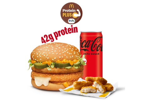 McCheese Chicken Burger Protein Plus + 4 Pc Chicken Nuggets+ Coke Zero McCheese Chicken Burger Protein Plus + 4 Pc Chicken Nuggets+ Coke Zero