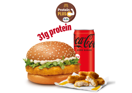 McChicken Burger Protein Plus + 4 Pc Chicken Nuggets + Coke Zero McChicken Burger Protein Plus + 4 Pc Chicken Nuggets + Coke Zero
