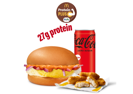 McEgg Burger Protein Plus + 4 Pc Chicken Nuggets + Coke Zero McEgg Burger Protein Plus + 4 Pc Chicken Nuggets + Coke Zero