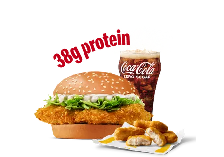 Crispy Chicken Burger Protein Plus + 4 Pc Chicken Nugget + Coke Zero Crispy Chicken Burger Protein Plus + 4 Pc Chicken Nugget + Coke Zero