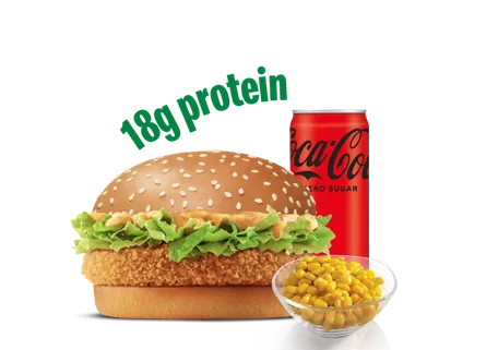 Crispy Veggie Burger Protein Plus + Corn + Coke Zero Crispy Veggie Burger Protein Plus + Corn + Coke Zero