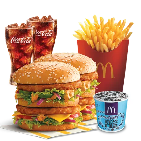 2 Chicken Maharaja Mac Burger + 2 Coke + Fries (L) + McFlurry Oreo (M) 2 Chicken Maharaja Mac Burger + 2 Coke + Fries (L) + McFlurry Oreo (M)